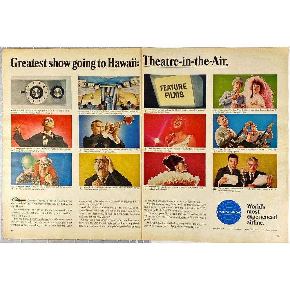 Pan Am Jet Clipper "Now with Theatre-in-the-Air" 2-page Vintage Print Ad 1965